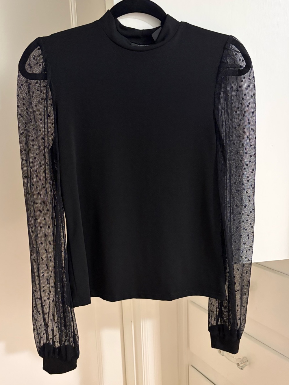 Halogen Black Long Sleeve Top with Sheer Polka-Dot Sleeves